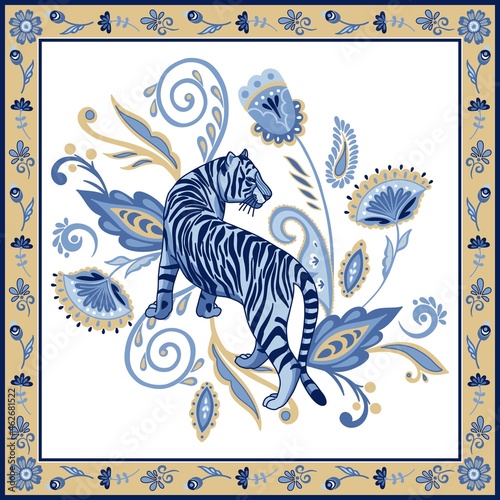 Blue nordic tiger in ornamental frame with abstract asian floral elements.  Abstract oriental paisley flowers