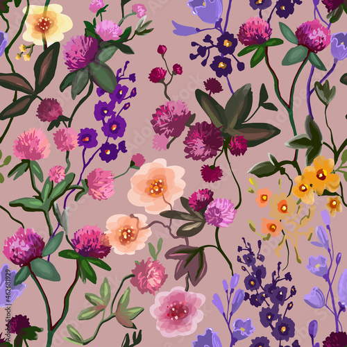 vector seamless pattern with watercolor wild flowers, meadow blooming, clover on pastel pink background. Hand drawn floral botanical herbal texture, print. Vector