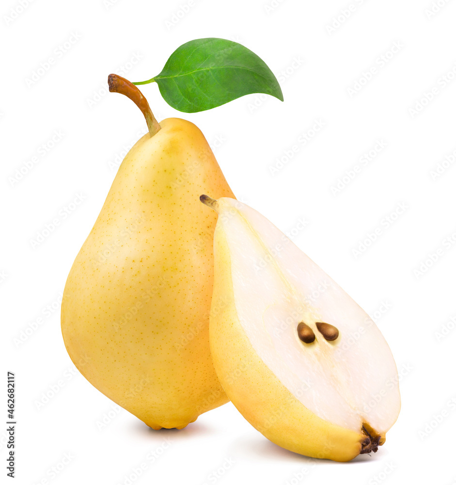 Ripe yellow pear and half pear slice isolated on white background. Fresh fruits. Ripe yellow pear and half pear slice isolated on white background. Fresh fruits.