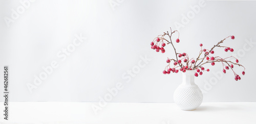 Christmas, New Year home decor. Branches with red berries in a vase on a light background. Mock up for displaying works
