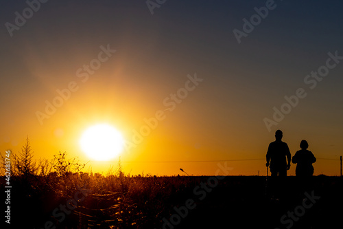 Silhouette of two people walking in the field at sunset. Rural life. Sunset walks