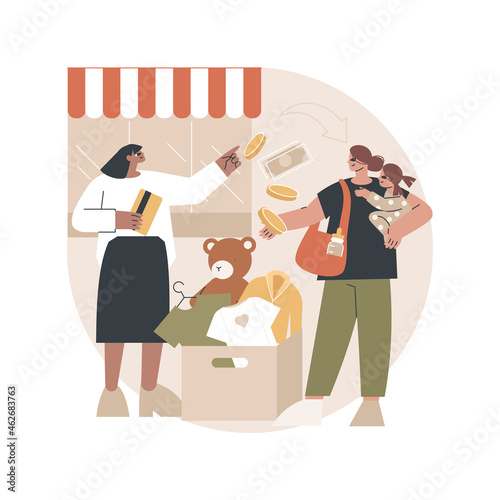 Baby clothes trade-in abstract concept vector illustration. Used kids toys and clothes in exchange for cash or coupons, child fashion store, second hand, baby gear, resale shop abstract metaphor.