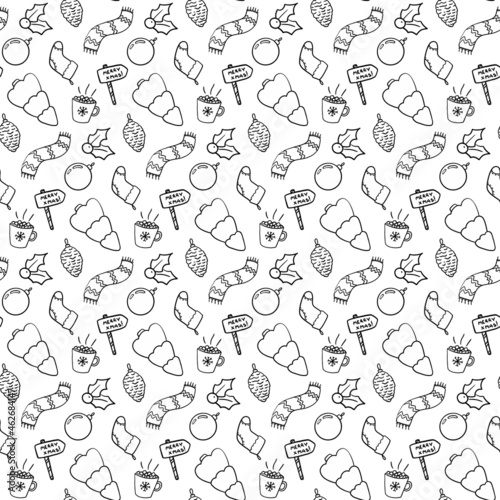 New Year, Christmas seamless pattern on white background. Doodle winter design. Xmas repeat print. Fir, cocoa, ball, holly, scarf, stocking, cone background.