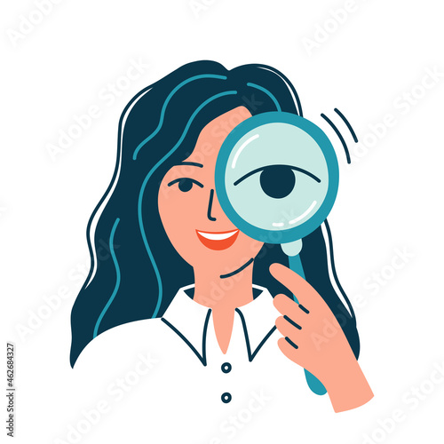 Woman in white shirt is looking through a magnifying glass. Head hunter searching candidate for vacancy, hiring employees. Job search, information, research across loupe. Isolated vector illustration