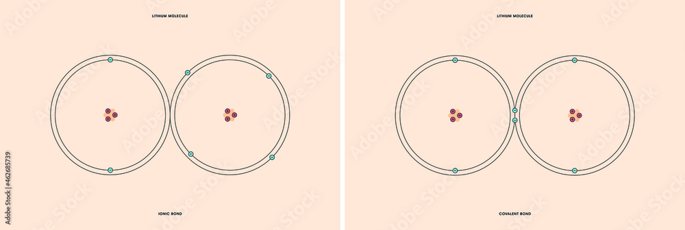 Naklejka premium Conceptual vector representation of a lithium molecule, made up of two atoms, and the types of chemical bonds: covalent, atoms sharing electrons, and ionic, an atom gives an electron to another atom.