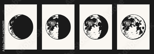 The Moon, Moon Phases in modern colors, contemporary aesthetic poster, background or card template in popular art style