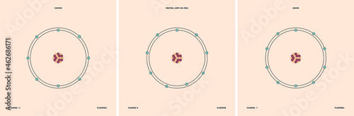 Conceptual vector representation of a fluorine atom and its ions: a cation with less electrons than protons and positive charge, and an anion with more electrons than protons and negative charge.
