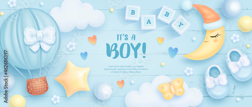 Baby shower horizontal banner with cartoon hot air balloon, shoes, crescent moon and helium balloons on blue background. It's a boy. Vector illustration