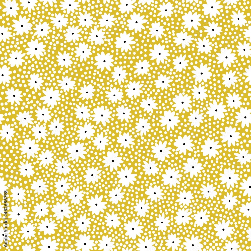 seamless vintage pattern. small white flowers and dots on a mustard background. vector texture. trend print for textiles and packaging.