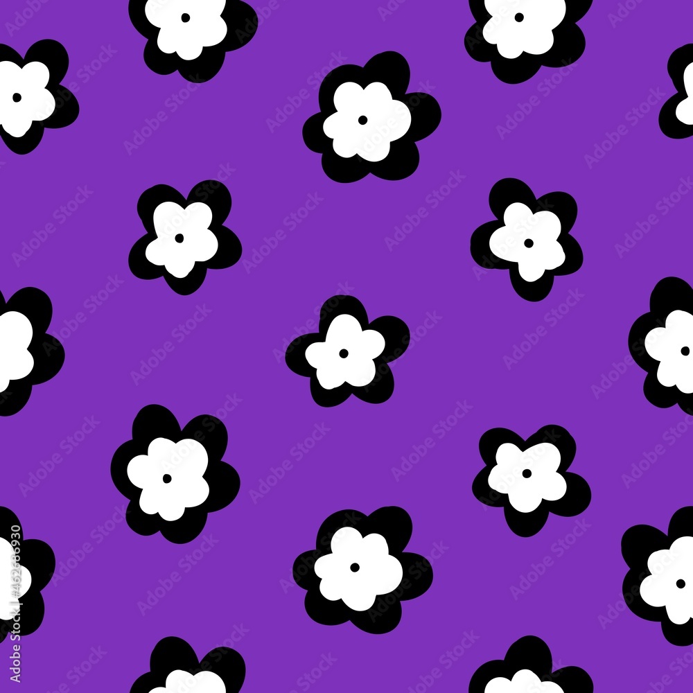 Flower pattern. Purple background, cute white flowers. Good for packaging, banner, postcards.  Simple seamless pattern.