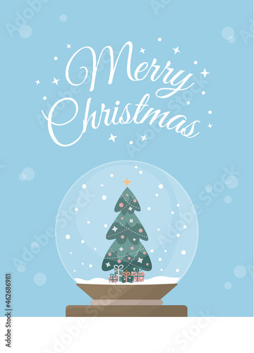 Snow ball with decorated christmas tree and gifts. Vector illustration in flat style.