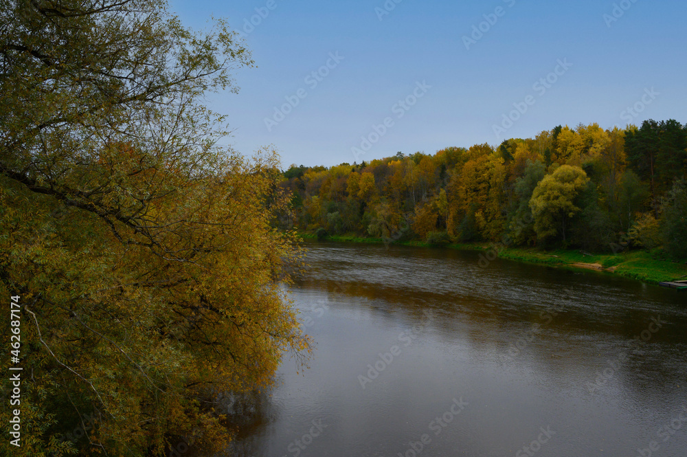 The river bends in autumn with beautiful orange-yellow trees on both sides of the shore