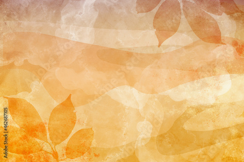 background with leaves, fall or autumn background in orange brown and gold colors with painted watercolor texture and grunge on abstract wavy striped shape pattern, thanksgiving or October background