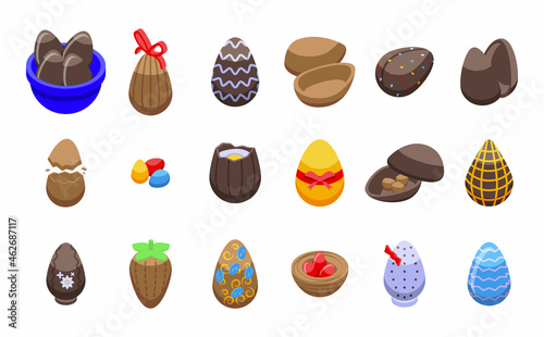 Chocolate eggs icons set isometric vector. Easter candy. Decorated snack