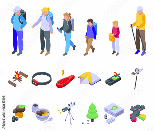 Camping trip with kids icons set isometric vector. Kids camp. Boy scout