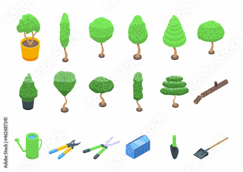 Tree trimming icons set isometric vector. Chainsaw tree. Woodcutter work