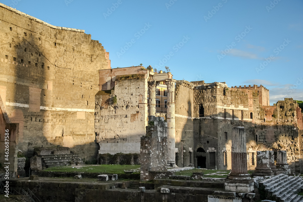 Imperial forums in Rome. The ancient ruins of Trajan's forum. Rome, Italy