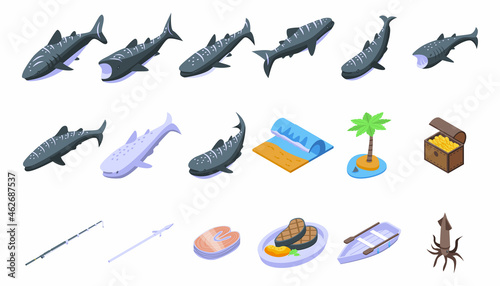 Whale shark icons set isometric vector. Fish animal. Exotic mammal