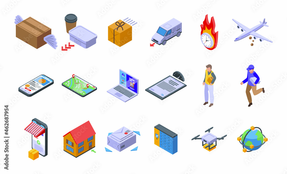 Fast shipping icons set isometric vector. Business car. Cargo courier Fast shipping icons set isometric vector. Business car. Cargo courier