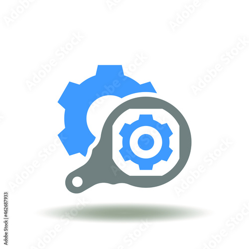 Vector illustration of magnifying glass with gears. Symbol of analytics or search. Icon of R&D Research and Development.