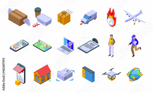 Fast shipping icons set isometric vector. Business car. Cargo courier