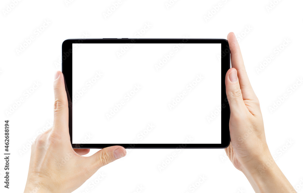 Tablet in male hands, isolated on white background Tablet in male hands, isolated on white background