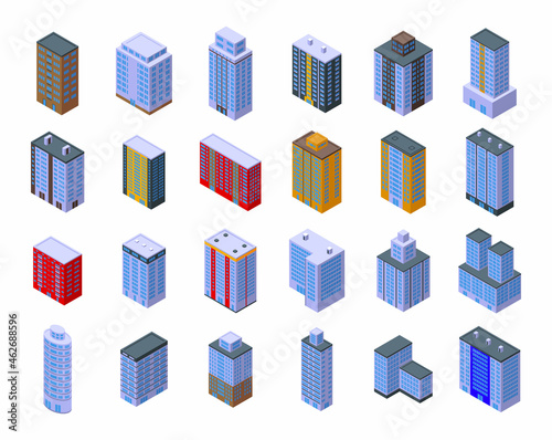 Multistory building icons set isometric vector. Interior architecture. House design