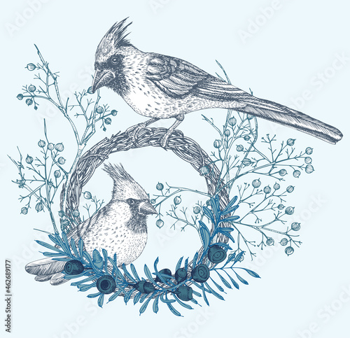 Hand-drawn sketch winter floristic wreath with birds, yew tree berries, branches, leaves in engraving style. Vintage door decor Wedding graphic frame Hello, fall. Thanksgiving retro Vector