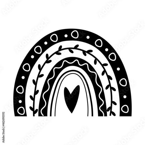 Black white boho rainbow in hand drawn style, with heart and leaves.