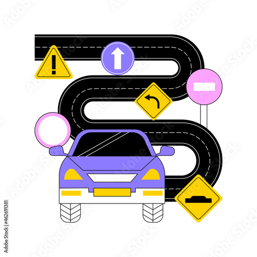 Traffic signs abstract concept vector illustration. Traffic management, types of signs, vehicle movement regulation, driving license exam, warning driver, road information abstract metaphor.