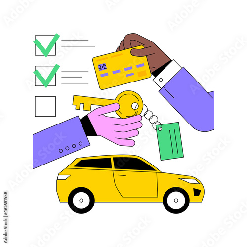 Rental vehicle abstract concept vector illustration. Car rental sales, holding keys, best price, parking of dealership, showing vehicle, making deal, transportation agreement abstract metaphor.