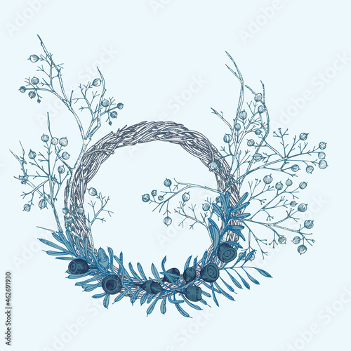 Hand-drawn sketch winter wreath with yew tree, berries, branches, leaves in engraving style. Vintage floristic door wreath. Christmas retro decor Wedding graphic frame Hello, fall. Vector.