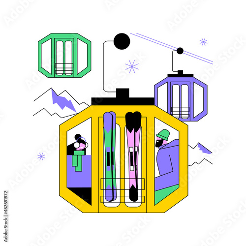Cable transport abstract concept vector illustration. Cable ways, transport modes, ev electric car bus, old funicular, trolleybus, carrying tourists, ski slopes, close up cabine abstract metaphor.