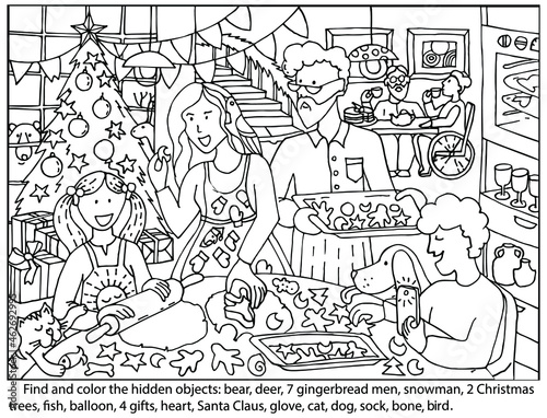 Christmas Puzzle game. Find and coloring Hidden Objects. Happy family cooking in kitchen. Grandparents, parents and children together bake cookies. Son captures moments on the phone. Hand drawn vector