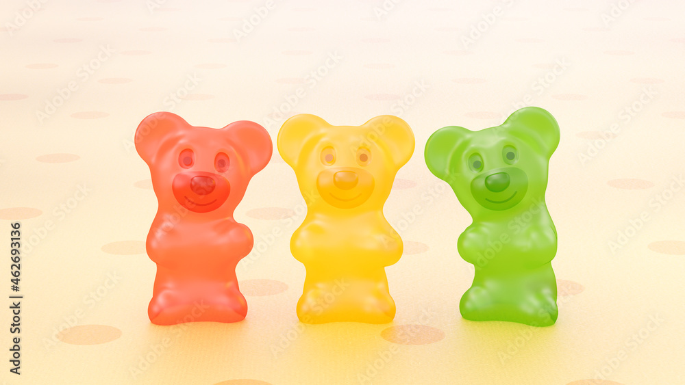Rendering of three gummi bears Rendering of three gummi bears