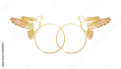 Template with wedding rings and doves for printing on cards, invitations, and wedding decoration. Vector illustration