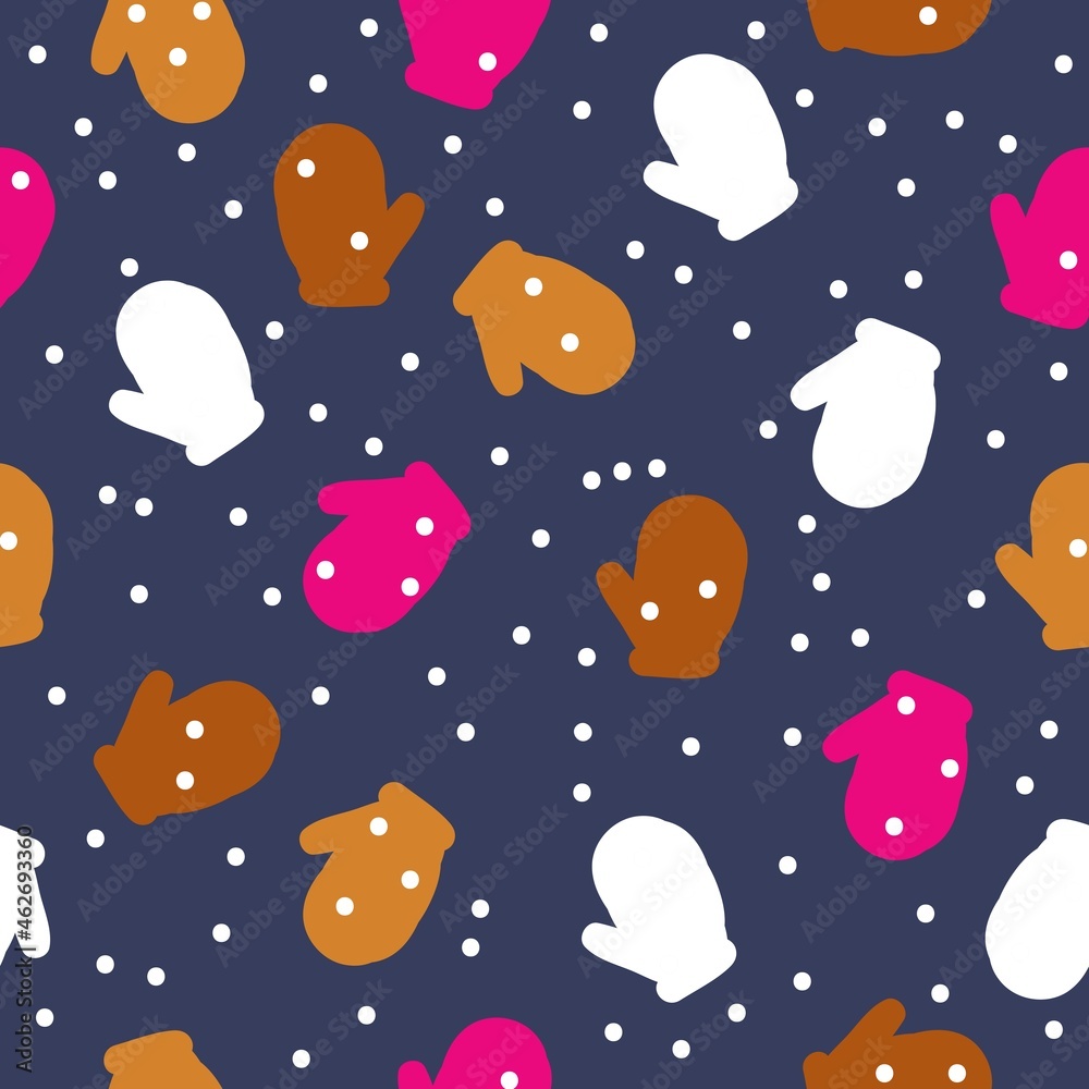 Seamless Christmas pattern. cute colored mittens and snow on a blue background. vector texture. fashionable print for textiles, postcards and packaging.