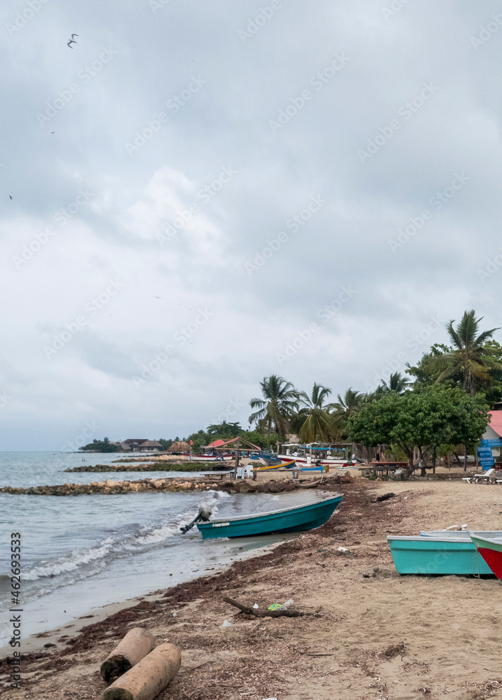 Isla Fuerte, Bolivar, Colombia. January 2, 2020: Boats on the shore, Isla Fuerte.