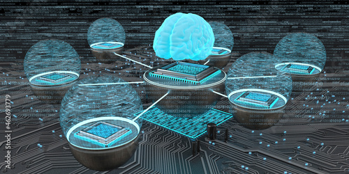 Developent of the artificial intelligence, Human brain with networked microchips, 3D Illustration photo