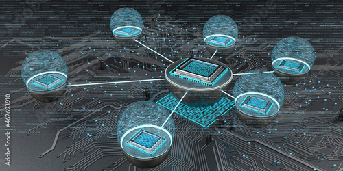 Connected microchips with circuit diagram, 3d illustration