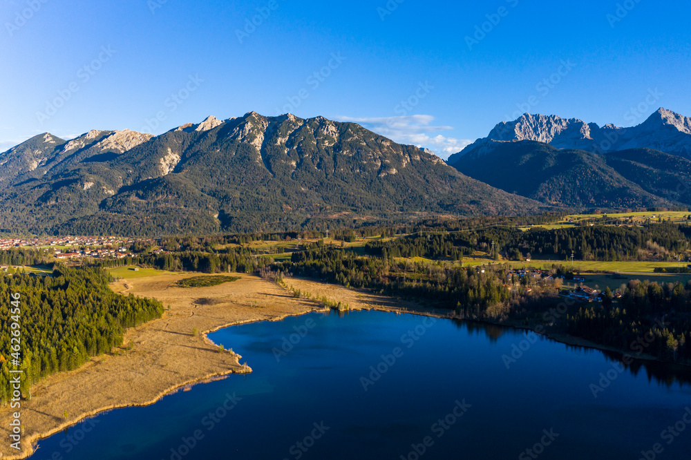 Germany, Bavaria, East Allgaeu, Region Garmisch-Partenkirchen, Kruen, Aerial view of Lake Barmsee and Grubsee Germany, Bavaria, East Allgaeu, Region Garmisch-Partenkirchen, Kruen, Aerial view of Lake Barmsee and Grubsee