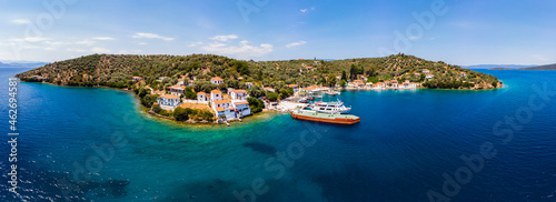 Greece, Pelion, Pagasetic Gulf, Sound of Trikeri, Region Volos, Island Pangias, Aerial view of Bay of Paleo Trikeri photo