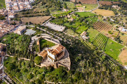 Aerial view of pigrimage church Santuari de Sant Salvador, Arta, Majorca, Spain photo