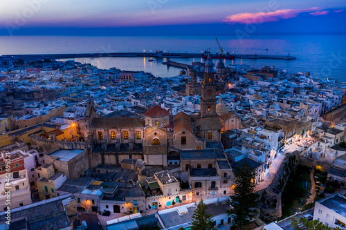 Italy, Apulia, Monopoli, Aerial view of sea and old town at sunset