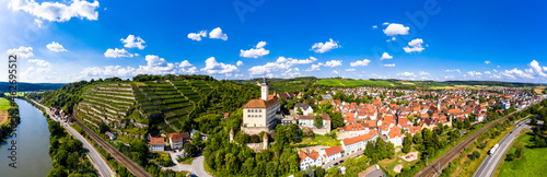 Germany, Baden-Wuerttemberg, Odenwald, Gundelsheim, Aerial view of Horneck Castle and town photo