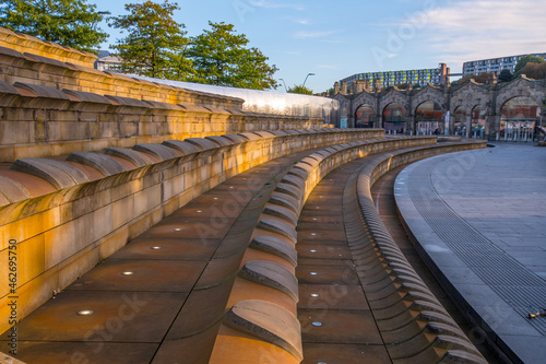 Sheffield Train Station entrance and fountains