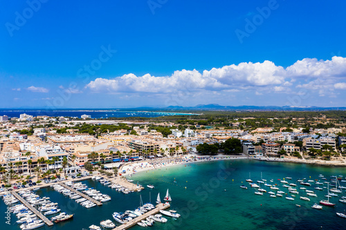 Spain, Balearic Islands, Colonia de Sant Jordi, Aerial view of harbor of coastal city
