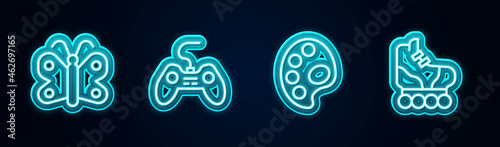 Set line Butterfly, Gamepad, Palette and Roller skate. Glowing neon icon. Vector