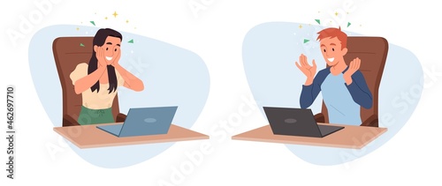 Celebrating success concept. Man and woman sitting at laptops and rejoicing in victory. Young employees have reached goal. Cartoon flat vector collection of illustrations isolated on white background