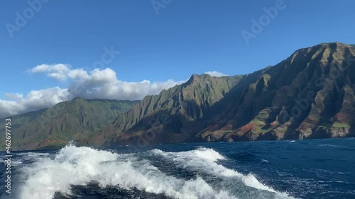 Napali coast from a boat with Pacfic ocean and water sounds